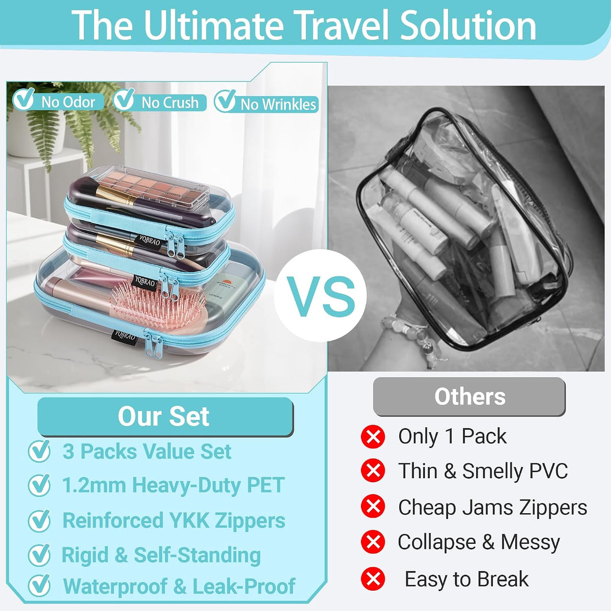 3-Piece Clear Hard Shell Zipper Case Set, 1M 2S, Black