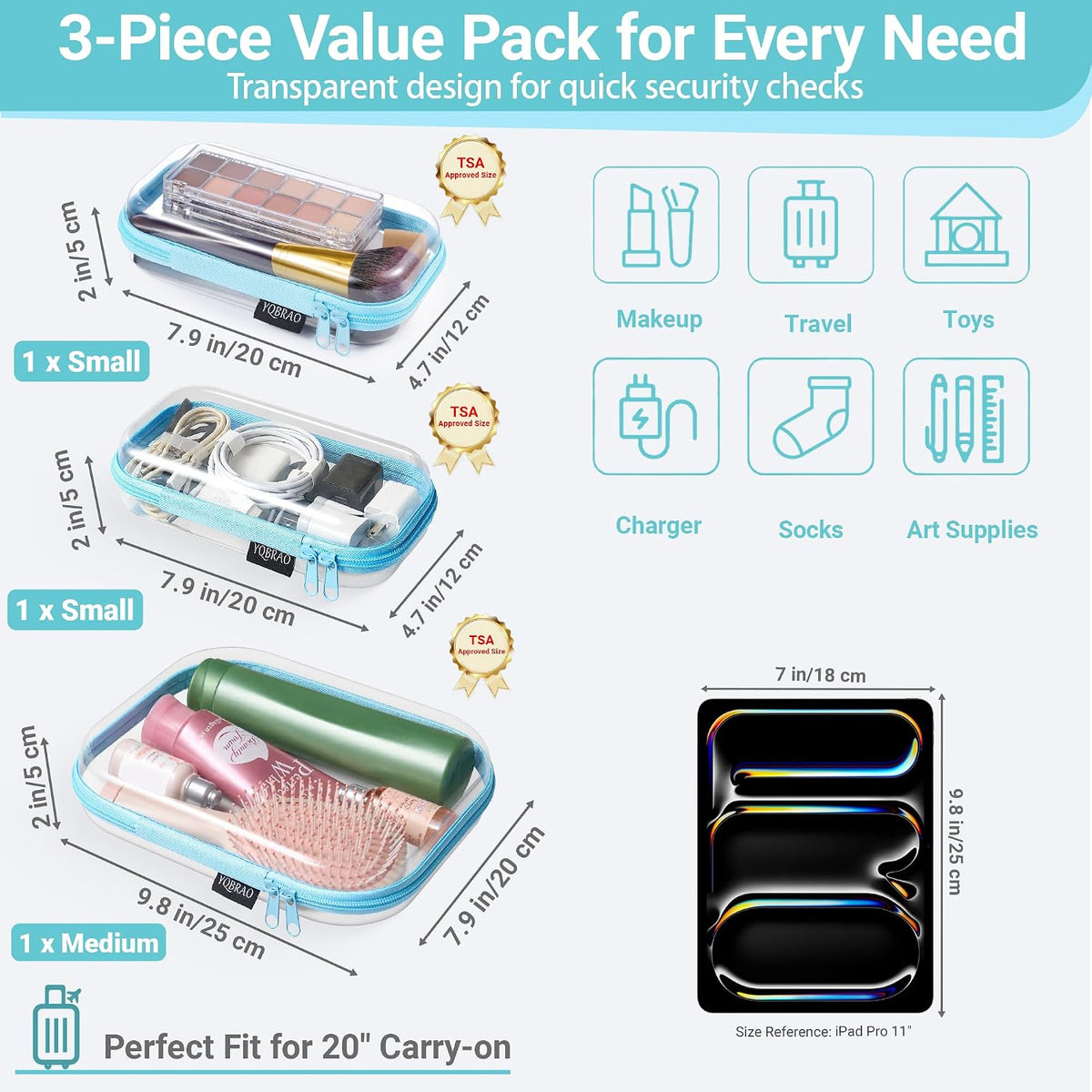 3-Piece Clear Hard Shell Zipper Case Set, 1M 2S, Black