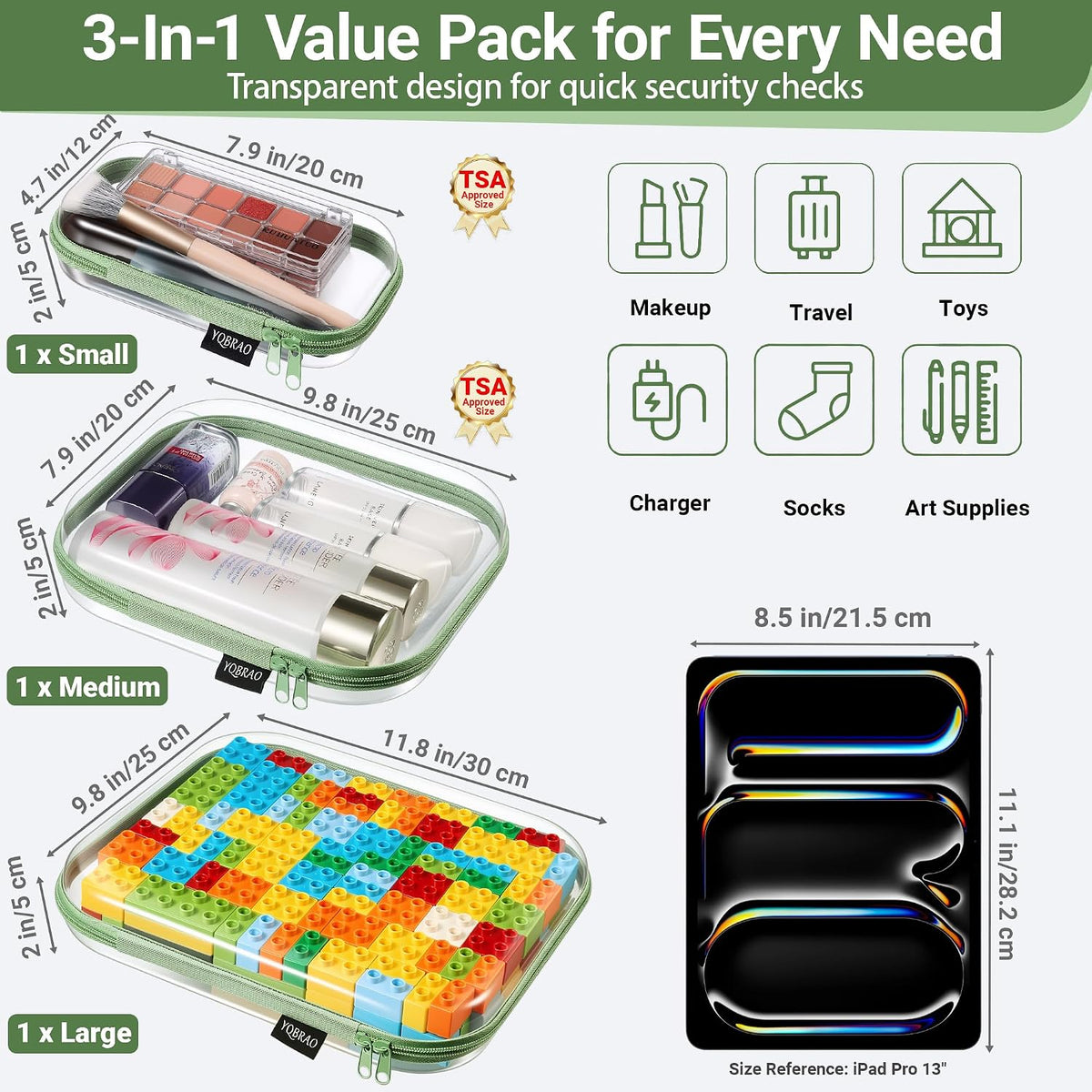 3-Piece Clear Hard Shell Zipper Case Set, 1M 2S, Black