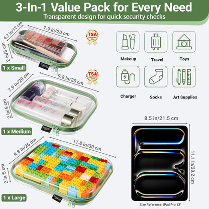 3-Piece Clear Hard Shell Zipper Case Set, 1M 2S, Black