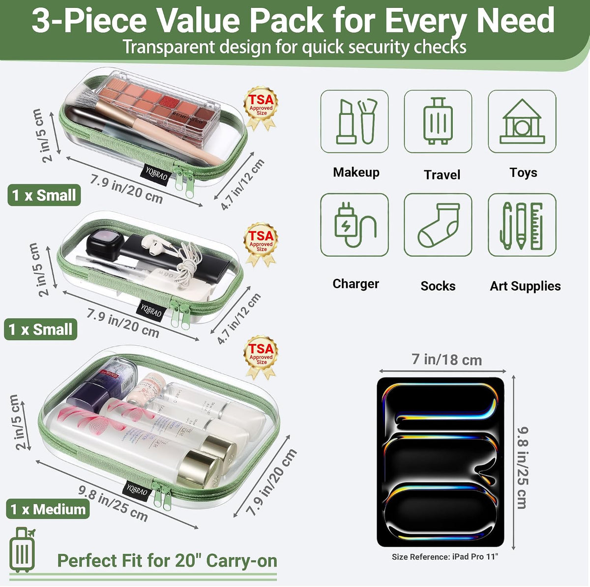 3-Piece Clear Hard Shell Zipper Case Set, 1M 2S, Black