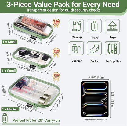 3-Piece Clear Hard Shell Zipper Case Set, 1M 2S, Black