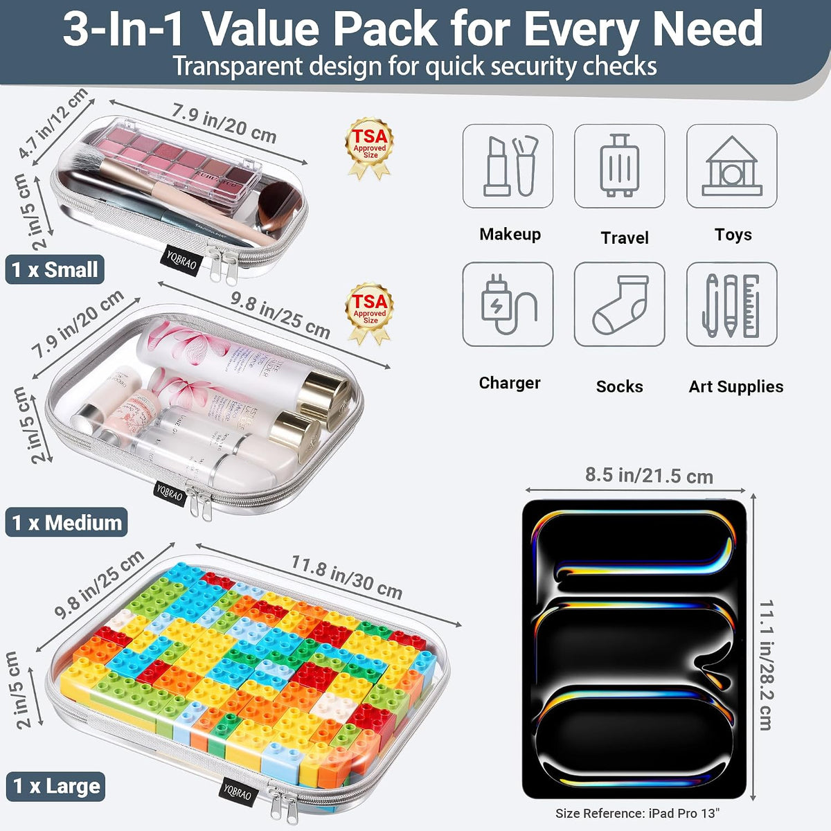 3-Piece Clear Hard Shell Zipper Case Set, 1M 2S, Black