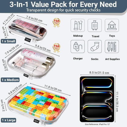 3-Piece Clear Hard Shell Zipper Case Set, 1M 2S, Black