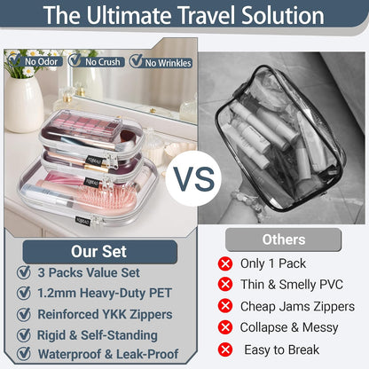 3-Piece Clear Hard Shell Zipper Case Set, 1M 2S, Black