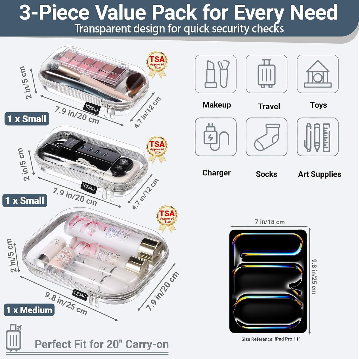 3-Piece Clear Hard Shell Zipper Case Set, 1M 2S, Black