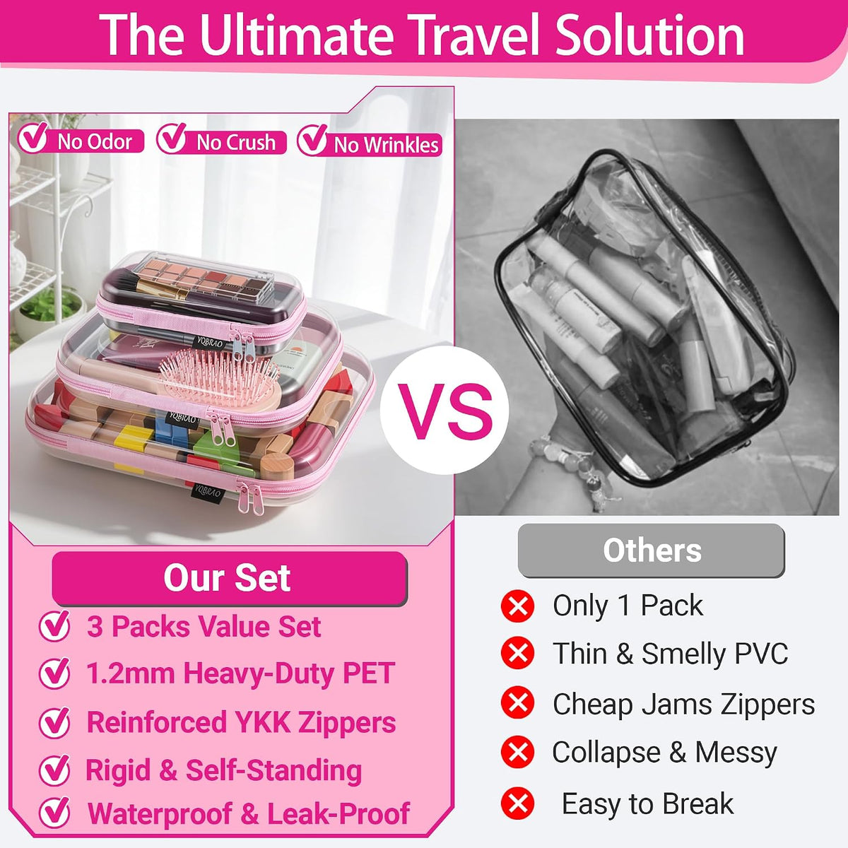 3-Piece Clear Hard Shell Zipper Case Set, 1M 2S, Black