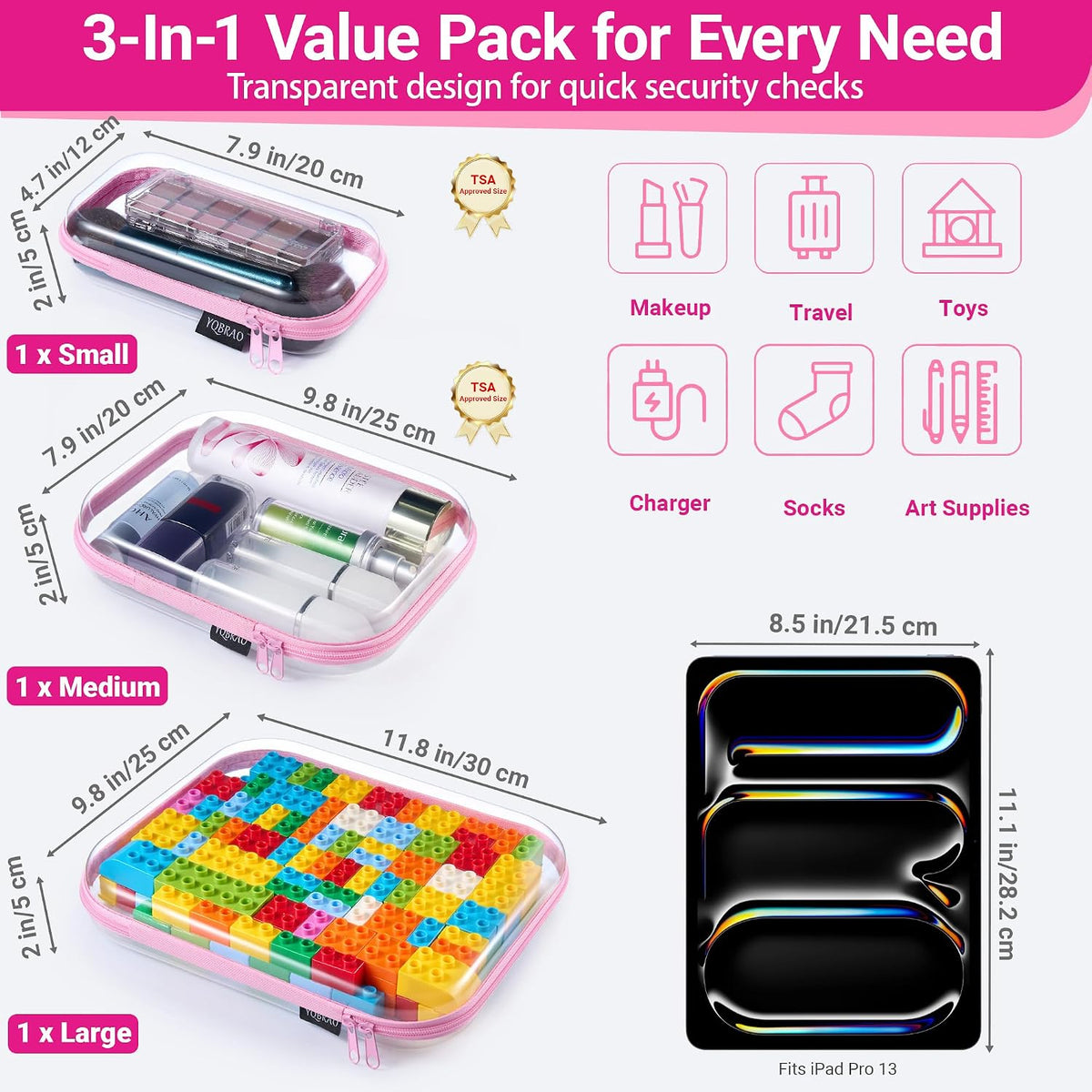 3-Piece Clear Hard Shell Zipper Case Set, 1M 2S, Black