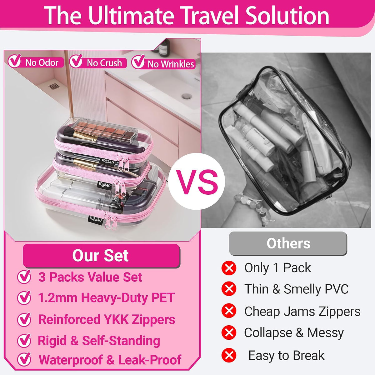 3-Piece Clear Hard Shell Zipper Case Set, 1M 2S, Black