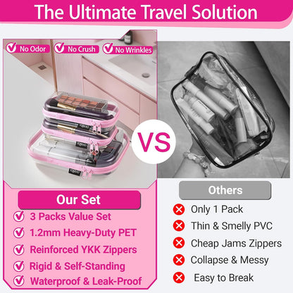 3-Piece Clear Hard Shell Zipper Case Set, 1M 2S, Black
