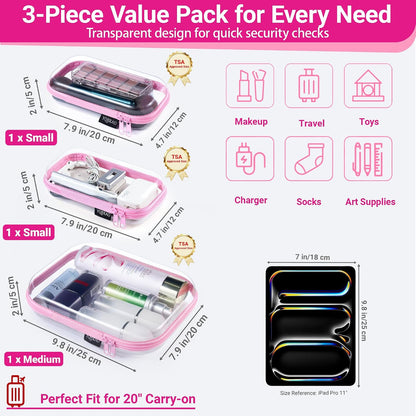 3-Piece Clear Hard Shell Zipper Case Set, 1M 2S, Black