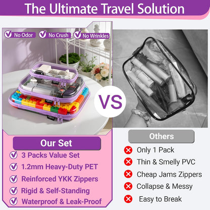 3-Piece Clear Hard Shell Zipper Case Set, 1M 2S, Black