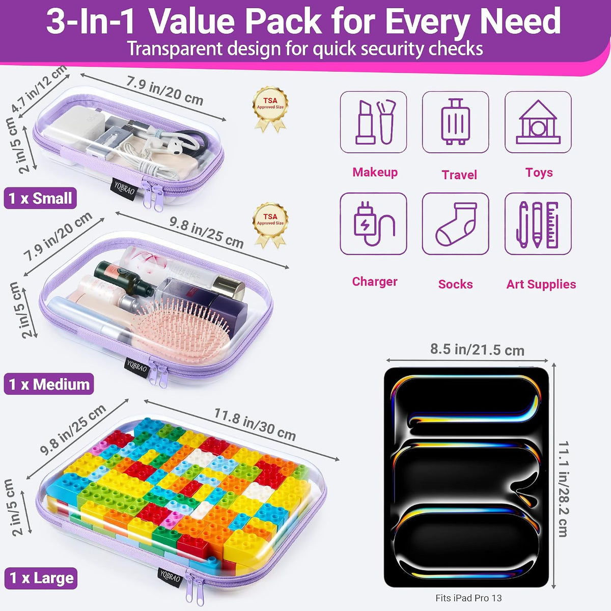 3-Piece Clear Hard Shell Zipper Case Set, 1M 2S, Black