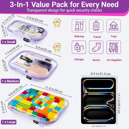 3-Piece Clear Hard Shell Zipper Case Set, 1M 2S, Black