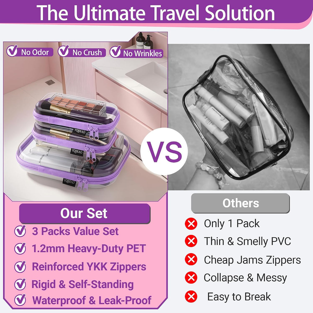 3-Piece Clear Hard Shell Zipper Case Set, 1M 2S, Black
