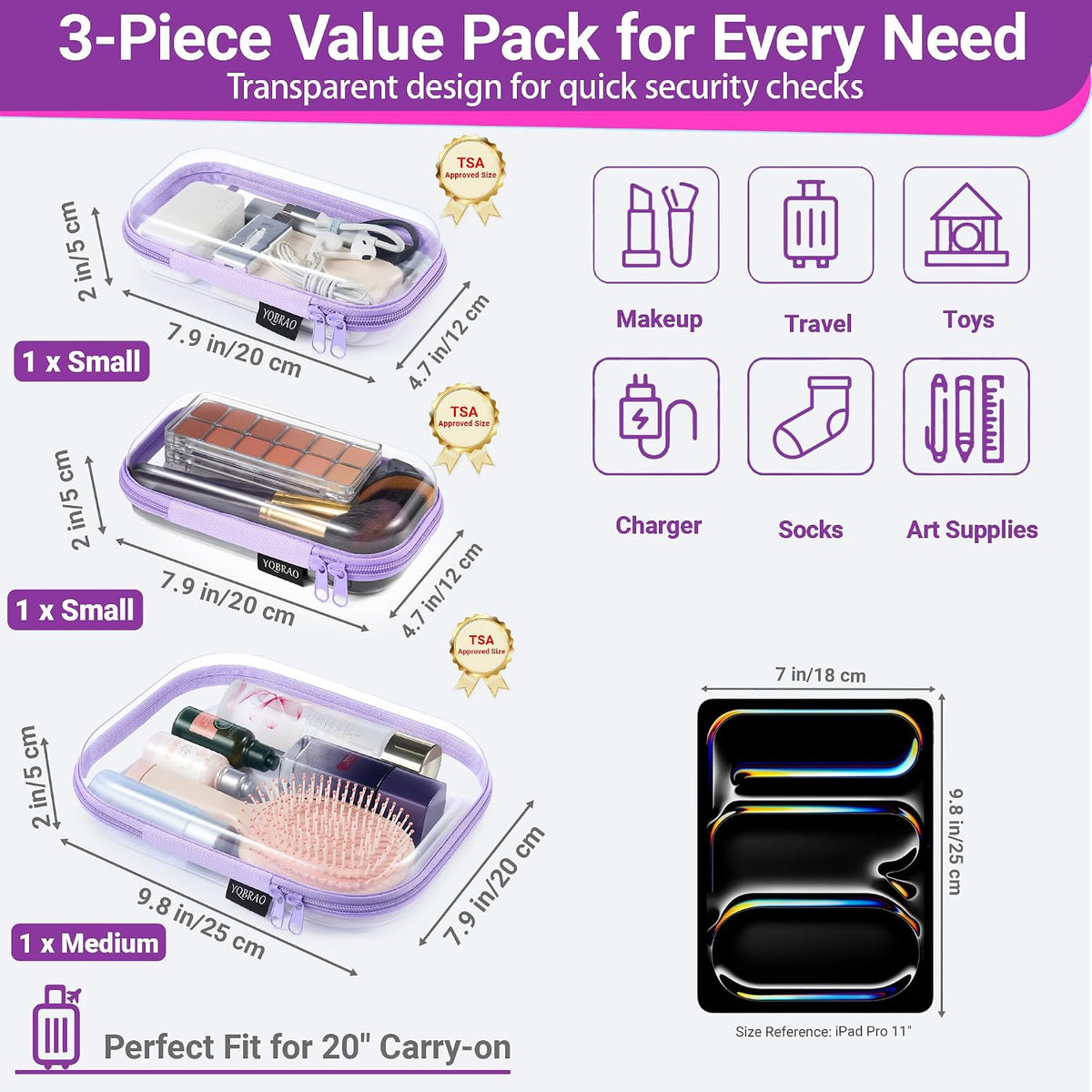 3-Piece Clear Hard Shell Zipper Case Set, 1M 2S, Black