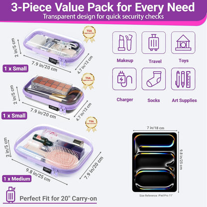 3-Piece Clear Hard Shell Zipper Case Set, 1M 2S, Black