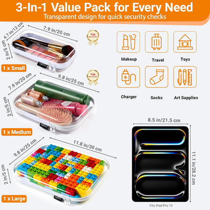 3-Piece Clear Hard Shell Zipper Case Set, 1M 2S, Black