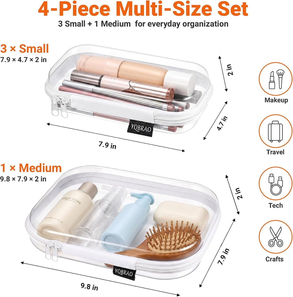 3-Piece Clear Hard Shell Zipper Case Set, 1M 2S, Black