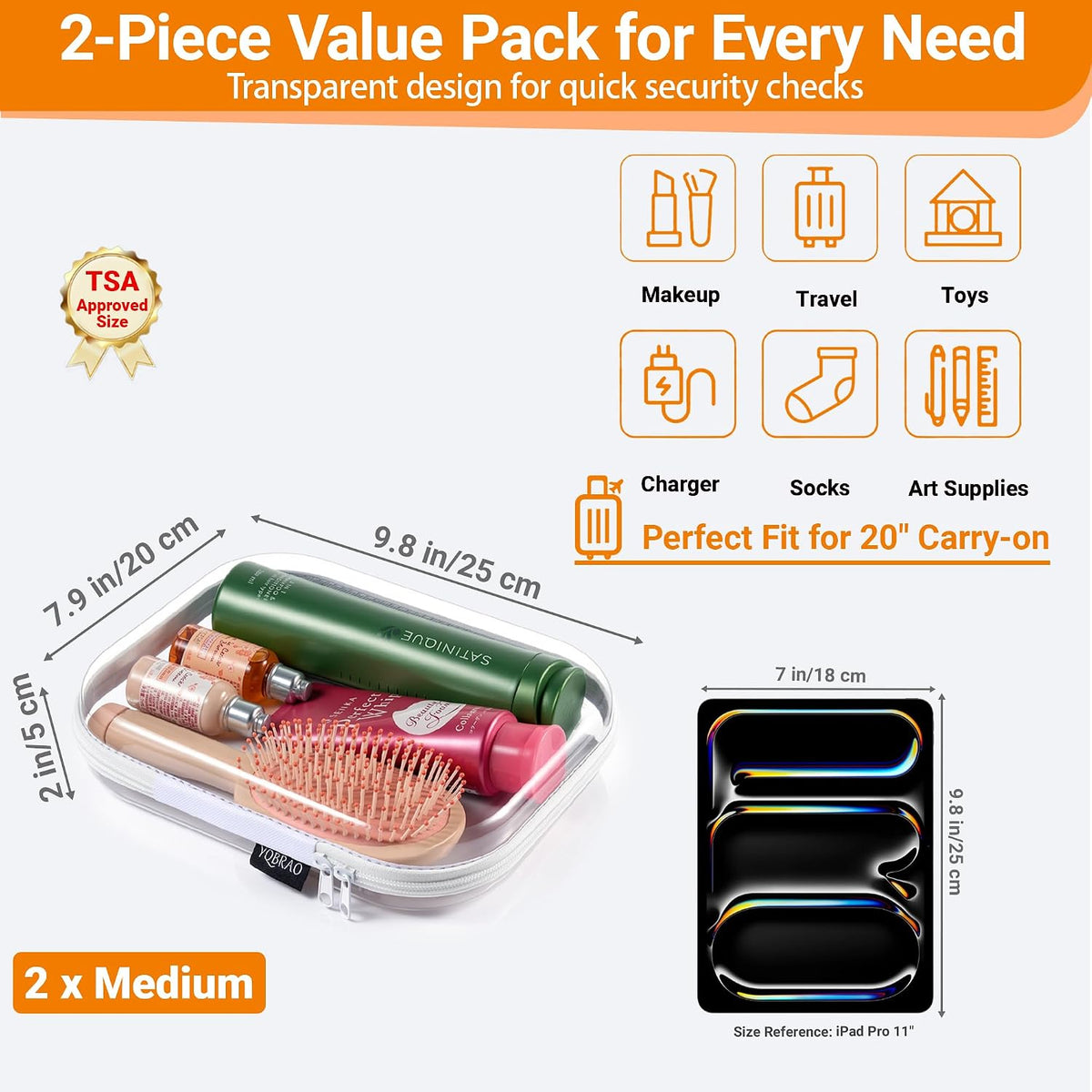 3-Piece Clear Hard Shell Zipper Case Set, 1M 2S, Black