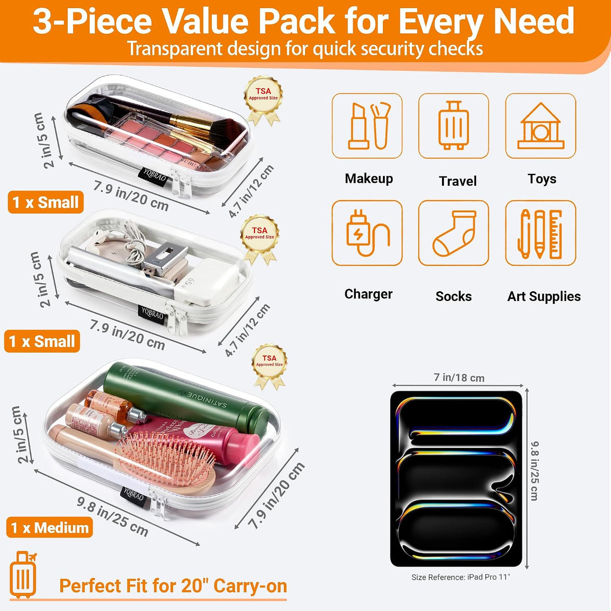 3-Piece Clear Hard Shell Zipper Case Set, 1M 2S, Black