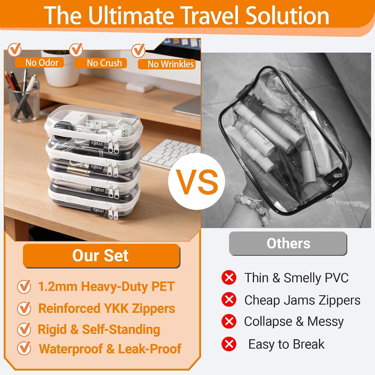 3-Piece Clear Hard Shell Zipper Case Set, 1M 2S, Black