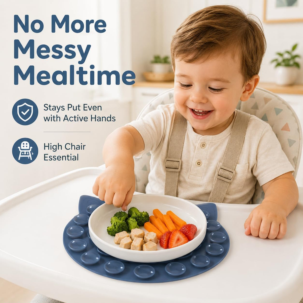 Silicone Suction Mat for Plates and Bowls, Double Sided Non Slip Dish Stabilizer Pad, Universal Plate Holder for Kids Toddlers Elderly and Disabled, Easy Clean Tableware Fixing Mat Grey-Blue