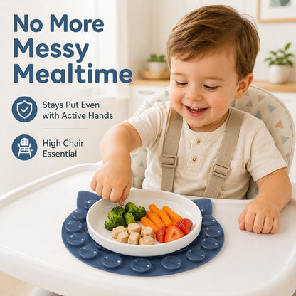 Silicone Suction Mat for Plates and Bowls, Double Sided Non Slip Dish Stabilizer Pad, Universal Plate Holder for Kids Toddlers Elderly and Disabled, Easy Clean Tableware Fixing Mat Grey-Blue