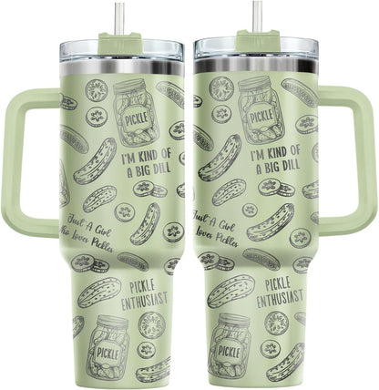 Funny Pickle 40oz Insulated Tumbler With Handle And Straw, Stainless Steel Travel Cup, Laser Pickle Lover Gift, I’m Kind Of A Big Dill Mothers day Gifts