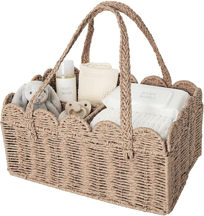 Diaper Caddy Organizer, Paper Rope Storage Baskets Nursery Bin with Removable Divider, Woven Scalloped Portable Car Organizer for Diapers, Baby Shower Gifts, Newborn Essentials Must Haves (Camel)