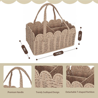 Diaper Caddy Organizer, Paper Rope Storage Baskets Nursery Bin with Removable Divider, Woven Scalloped Portable Car Organizer for Diapers, Baby Shower Gifts, Newborn Essentials Must Haves (Camel)