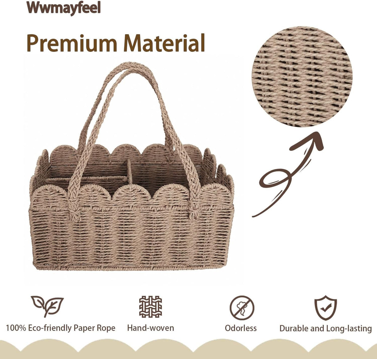 Diaper Caddy Organizer, Paper Rope Storage Baskets Nursery Bin with Removable Divider, Woven Scalloped Portable Car Organizer for Diapers, Baby Shower Gifts, Newborn Essentials Must Haves (Camel)