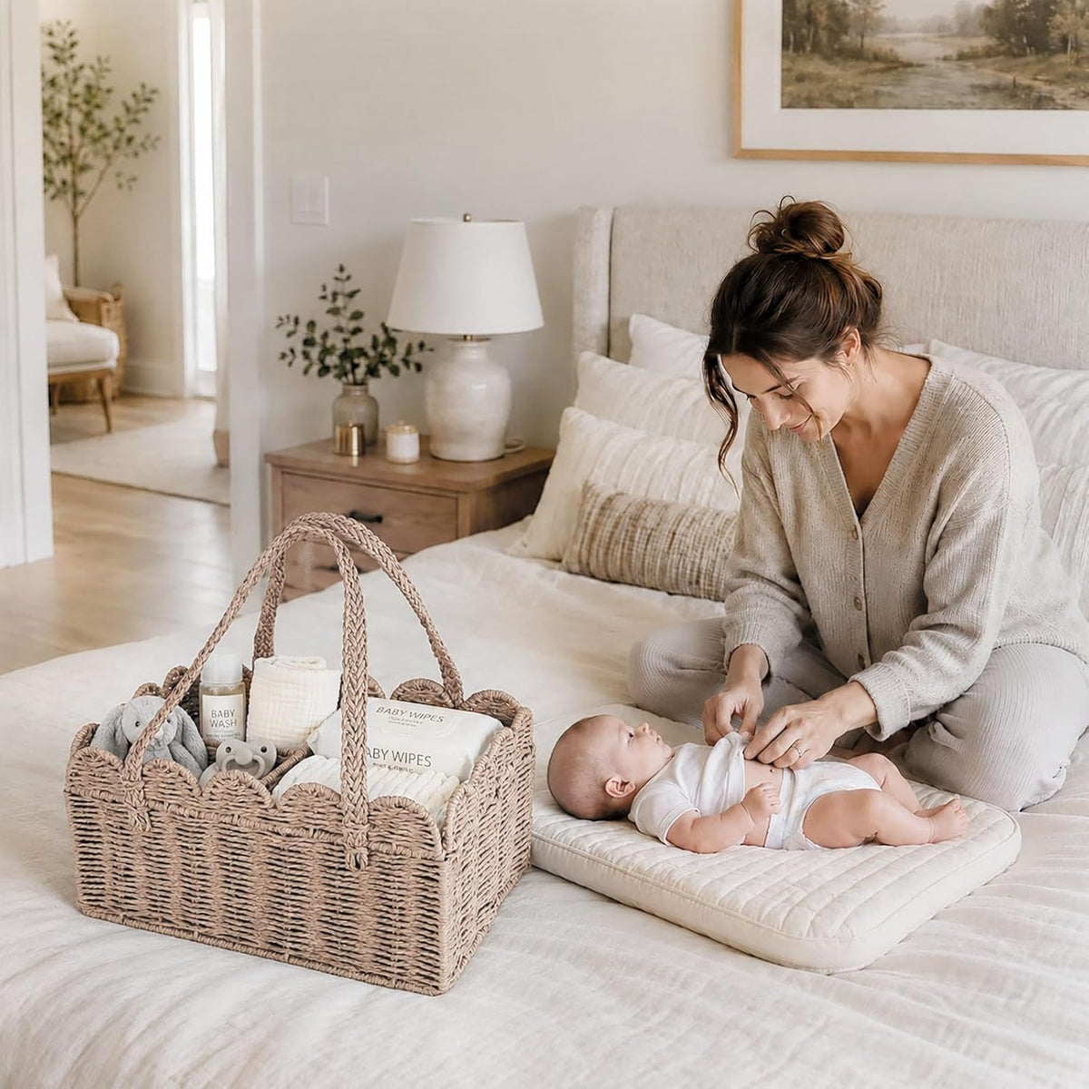 Diaper Caddy Organizer, Paper Rope Storage Baskets Nursery Bin with Removable Divider, Woven Scalloped Portable Car Organizer for Diapers, Baby Shower Gifts, Newborn Essentials Must Haves (Camel)