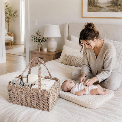 Diaper Caddy Organizer, Paper Rope Storage Baskets Nursery Bin with Removable Divider, Woven Scalloped Portable Car Organizer for Diapers, Baby Shower Gifts, Newborn Essentials Must Haves (Camel)