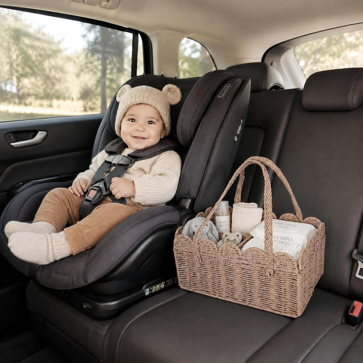 Diaper Caddy Organizer, Paper Rope Storage Baskets Nursery Bin with Removable Divider, Woven Scalloped Portable Car Organizer for Diapers, Baby Shower Gifts, Newborn Essentials Must Haves (Camel)