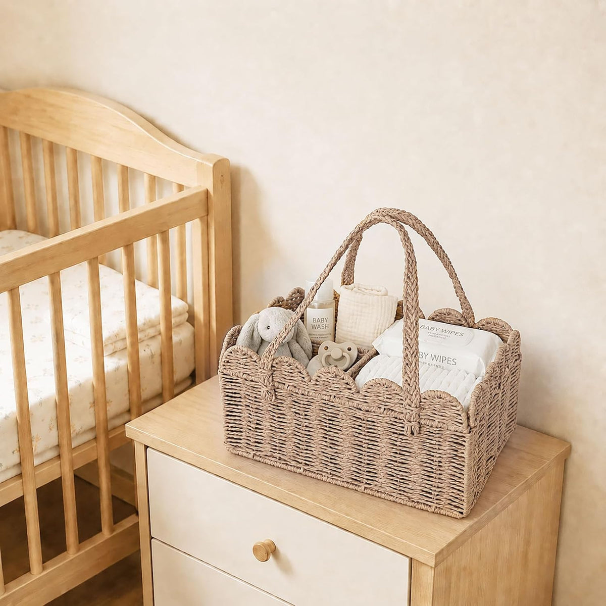 Diaper Caddy Organizer, Paper Rope Storage Baskets Nursery Bin with Removable Divider, Woven Scalloped Portable Car Organizer for Diapers, Baby Shower Gifts, Newborn Essentials Must Haves (Camel)