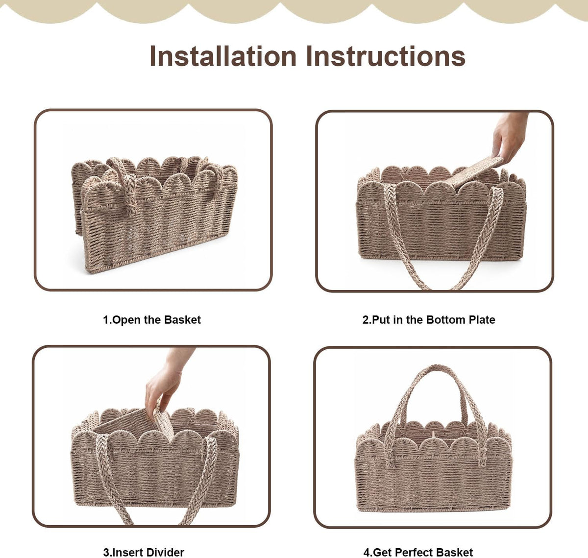 Diaper Caddy Organizer, Paper Rope Storage Baskets Nursery Bin with Removable Divider, Woven Scalloped Portable Car Organizer for Diapers, Baby Shower Gifts, Newborn Essentials Must Haves (Camel)
