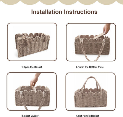 Diaper Caddy Organizer, Paper Rope Storage Baskets Nursery Bin with Removable Divider, Woven Scalloped Portable Car Organizer for Diapers, Baby Shower Gifts, Newborn Essentials Must Haves (Camel)