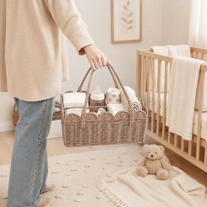 Diaper Caddy Organizer, Paper Rope Storage Baskets Nursery Bin with Removable Divider, Woven Scalloped Portable Car Organizer for Diapers, Baby Shower Gifts, Newborn Essentials Must Haves (Camel)
