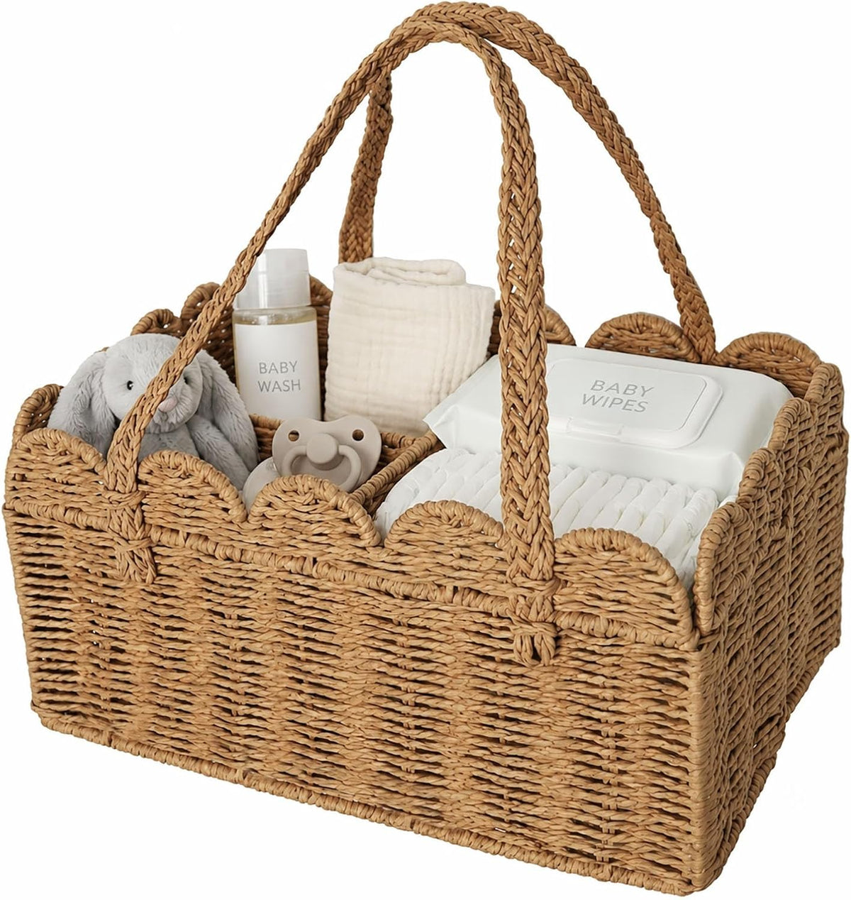 Diaper Caddy Organizer, Paper Rope Storage Baskets Nursery Bin with Removable Divider, Woven Scalloped Portable Car Organizer for Diapers, Baby Shower Gifts, Newborn Essentials Must Haves (Camel)
