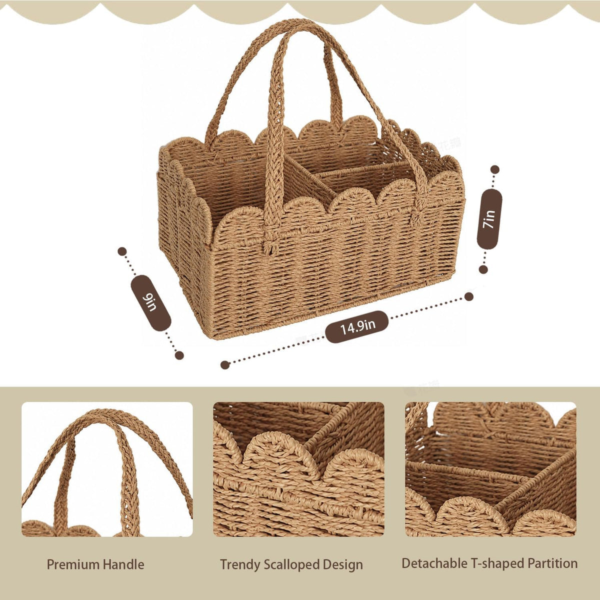 Diaper Caddy Organizer, Paper Rope Storage Baskets Nursery Bin with Removable Divider, Woven Scalloped Portable Car Organizer for Diapers, Baby Shower Gifts, Newborn Essentials Must Haves (Camel)