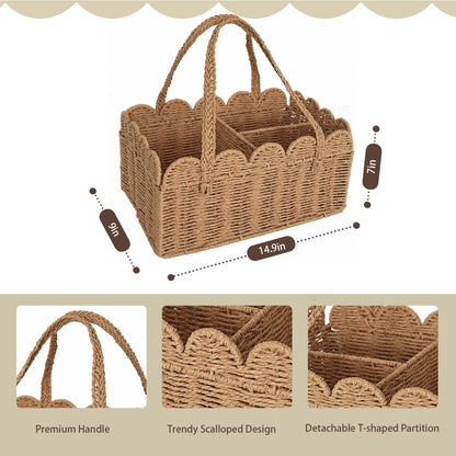 Diaper Caddy Organizer, Paper Rope Storage Baskets Nursery Bin with Removable Divider, Woven Scalloped Portable Car Organizer for Diapers, Baby Shower Gifts, Newborn Essentials Must Haves (Camel)