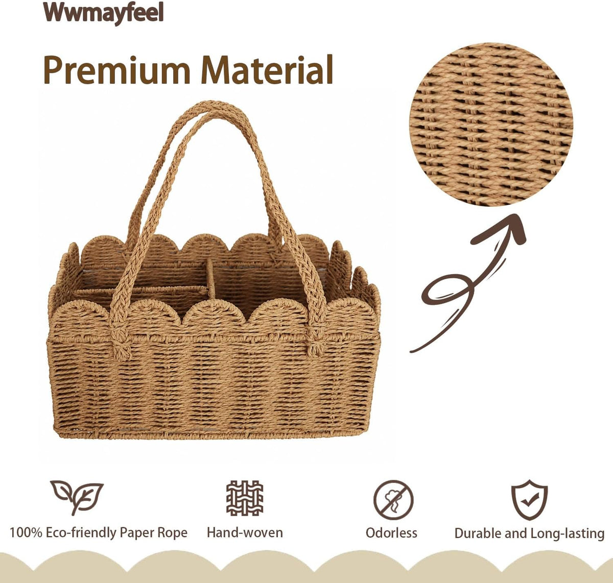 Diaper Caddy Organizer, Paper Rope Storage Baskets Nursery Bin with Removable Divider, Woven Scalloped Portable Car Organizer for Diapers, Baby Shower Gifts, Newborn Essentials Must Haves (Camel)