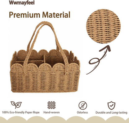 Diaper Caddy Organizer, Paper Rope Storage Baskets Nursery Bin with Removable Divider, Woven Scalloped Portable Car Organizer for Diapers, Baby Shower Gifts, Newborn Essentials Must Haves (Camel)