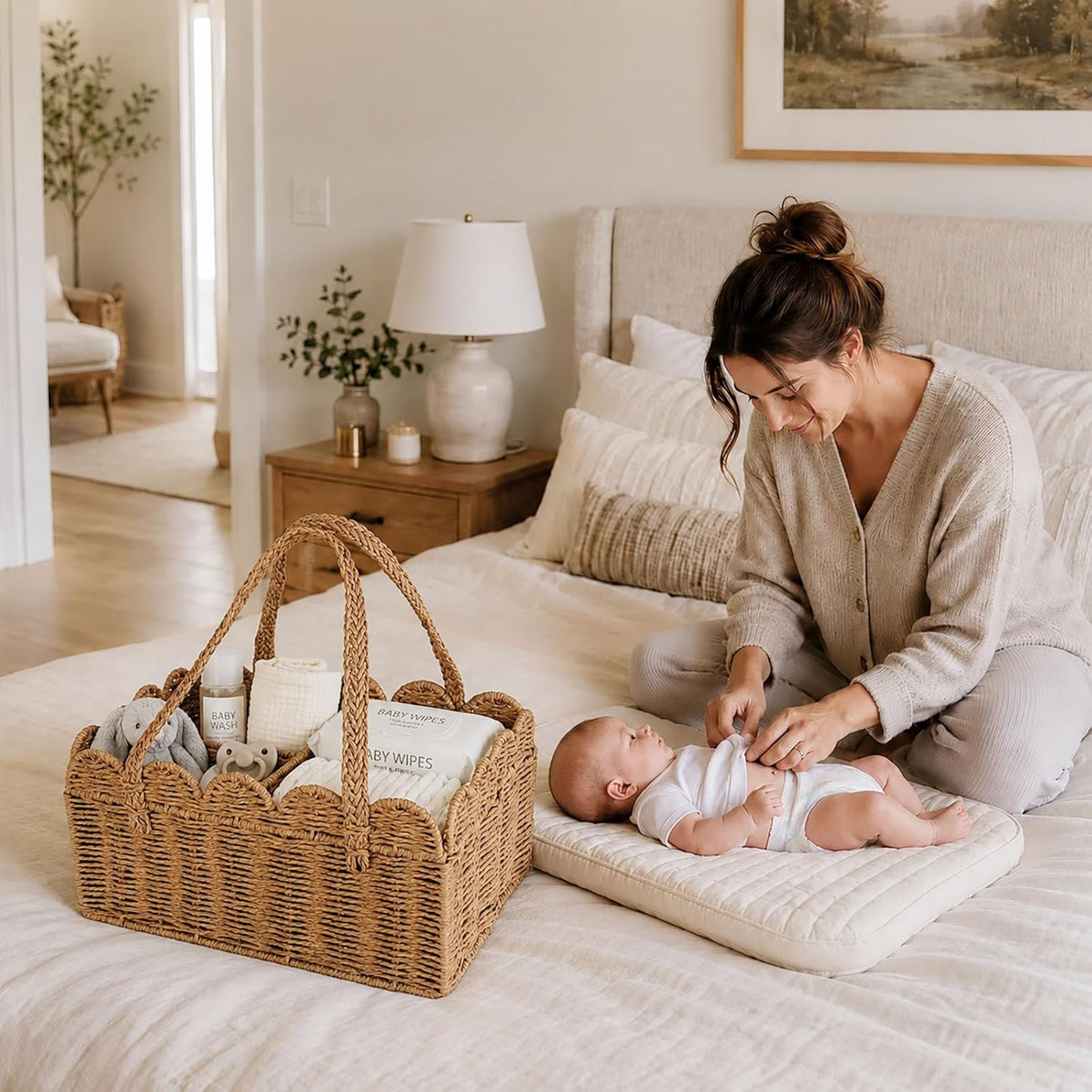 Diaper Caddy Organizer, Paper Rope Storage Baskets Nursery Bin with Removable Divider, Woven Scalloped Portable Car Organizer for Diapers, Baby Shower Gifts, Newborn Essentials Must Haves (Camel)