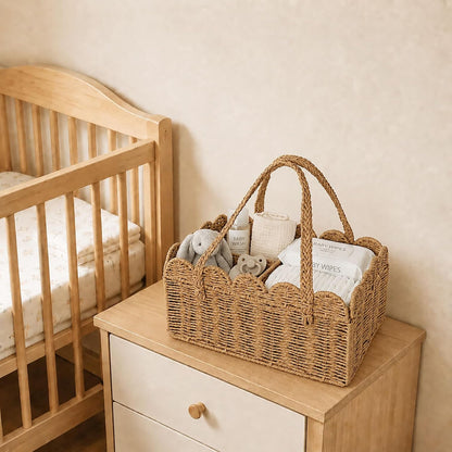 Diaper Caddy Organizer, Paper Rope Storage Baskets Nursery Bin with Removable Divider, Woven Scalloped Portable Car Organizer for Diapers, Baby Shower Gifts, Newborn Essentials Must Haves (Camel)