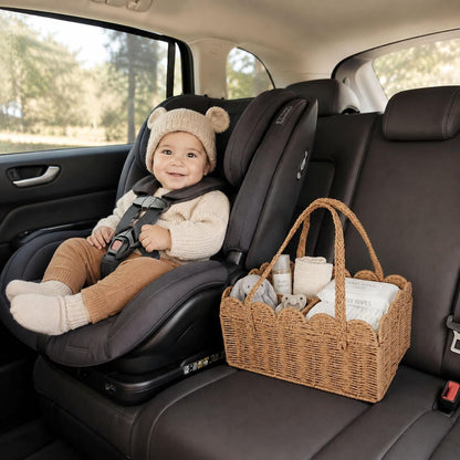 Diaper Caddy Organizer, Paper Rope Storage Baskets Nursery Bin with Removable Divider, Woven Scalloped Portable Car Organizer for Diapers, Baby Shower Gifts, Newborn Essentials Must Haves (Camel)
