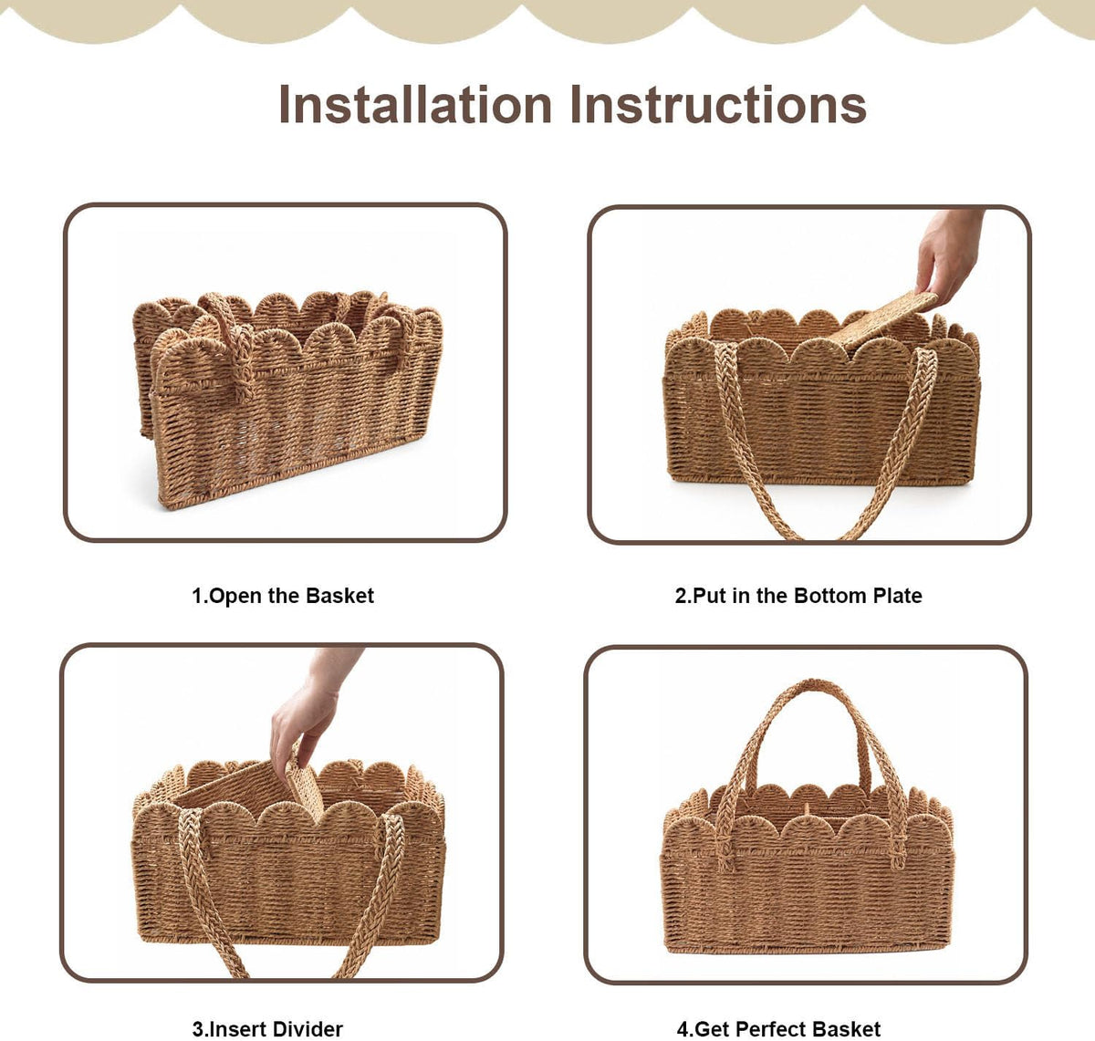 Diaper Caddy Organizer, Paper Rope Storage Baskets Nursery Bin with Removable Divider, Woven Scalloped Portable Car Organizer for Diapers, Baby Shower Gifts, Newborn Essentials Must Haves (Camel)