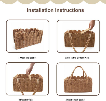 Diaper Caddy Organizer, Paper Rope Storage Baskets Nursery Bin with Removable Divider, Woven Scalloped Portable Car Organizer for Diapers, Baby Shower Gifts, Newborn Essentials Must Haves (Camel)