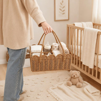 Diaper Caddy Organizer, Paper Rope Storage Baskets Nursery Bin with Removable Divider, Woven Scalloped Portable Car Organizer for Diapers, Baby Shower Gifts, Newborn Essentials Must Haves (Camel)